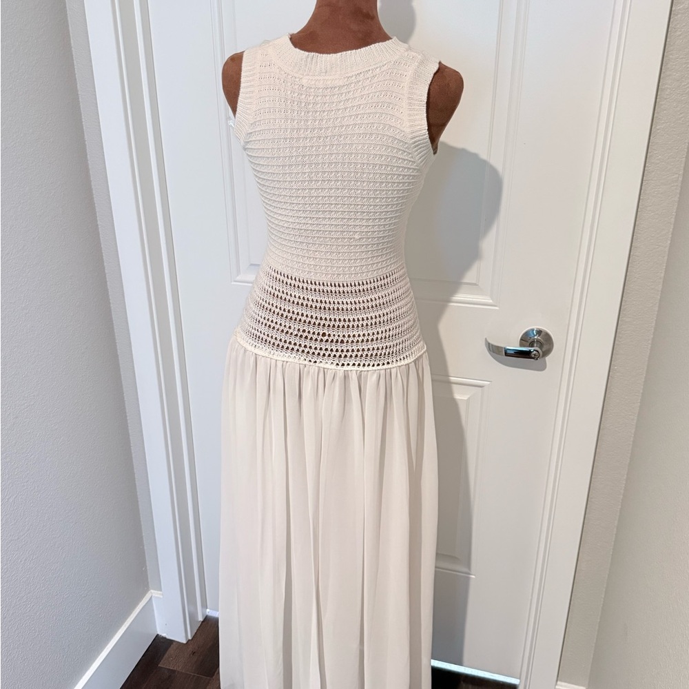 Peppermayo white Crochet Knit Sleeveless Dress XS/S Boho Drop Waist Sheer Skirt - Picture 7 of 10